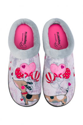 Zapatillas de andar por casa Mujer Invierno Abiertas Gris Estampado Perro Globo Plumaflex 12213